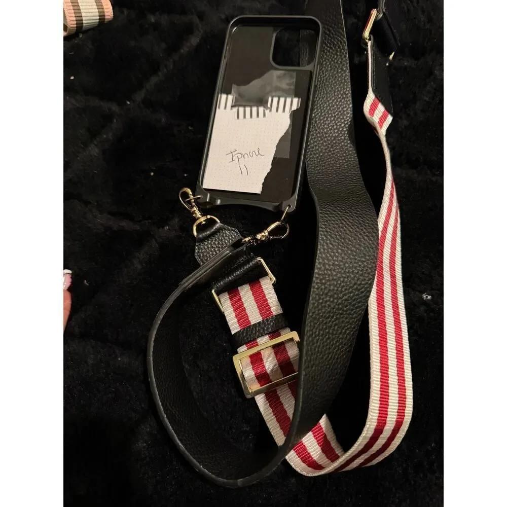 Bandolier iPhone 11 Haley wallet case & Thick webbing & leather red skye strap